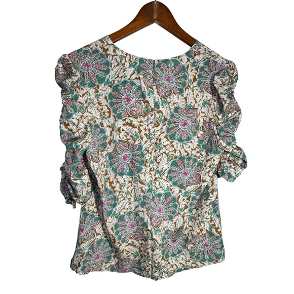 VERONICA BEARD Henrieta Ruched Paisley-print Stretch Silk Blouse Size 6 - Picture 5 of 14